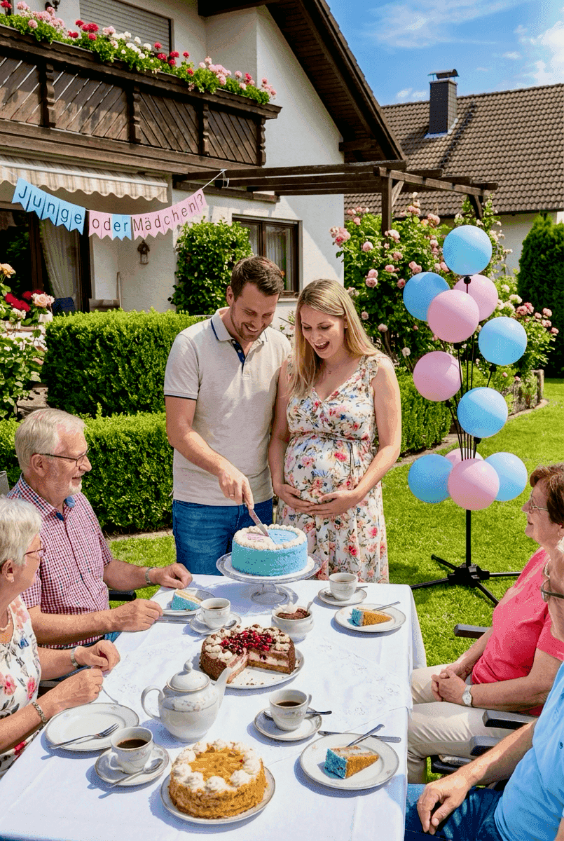 Gender reveal koffietafel in tuin met ballonnen, gebak en blije aanstaande ouders