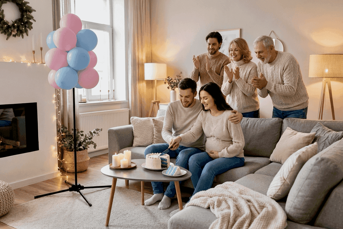 Moderne gender reveal in stijlvolle woonkamer met ballonfontein en vier generaties familie