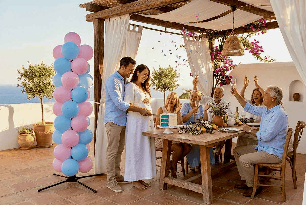 Blauwe confetti valt neer tijdens gender reveal moment met ballonpilaar en juichende familie