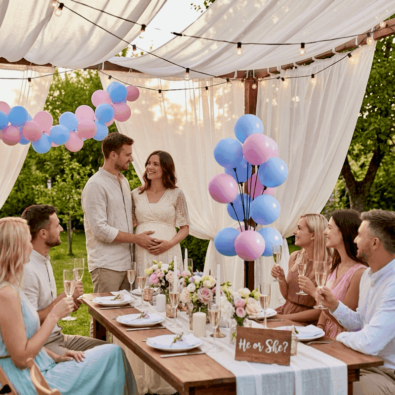 Gender reveal tuinfeest met roze en blauwe ballonfontein en sfeerlichtjes boven lange tafel