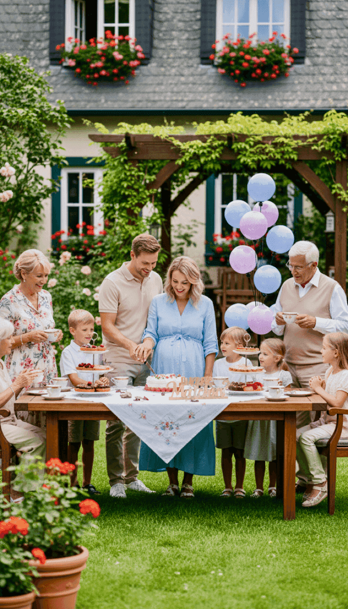 Drie generaties familie rond tafel in tuin met pastelkleurige gender reveal ballonnen