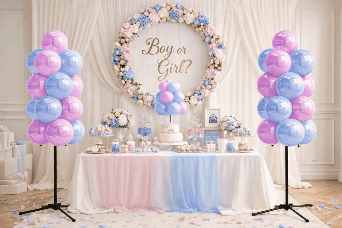 Professionele gender reveal sweet table met twee ballonpilaren en Boy or Girl decoratie