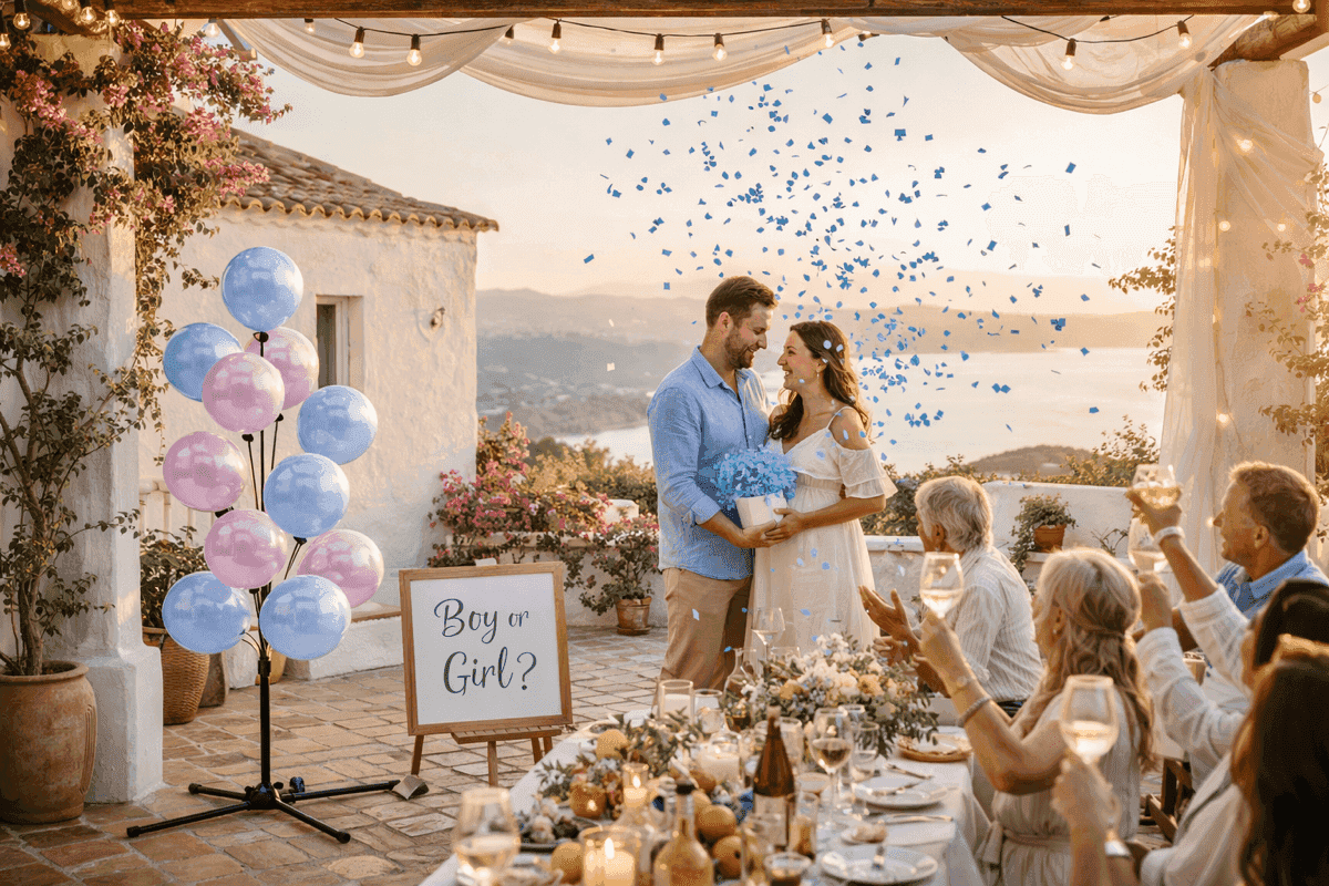 Emotioneel gender reveal moment met blauwe confetti explosie en Boy or Girl bord op terras