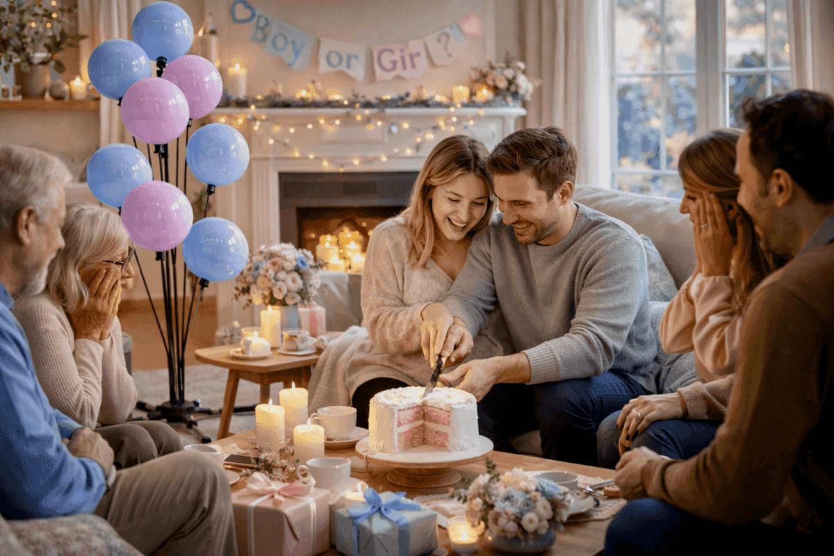 Intieme gender reveal in woonkamer met ballonfontein, reveal taart en drie generaties familie