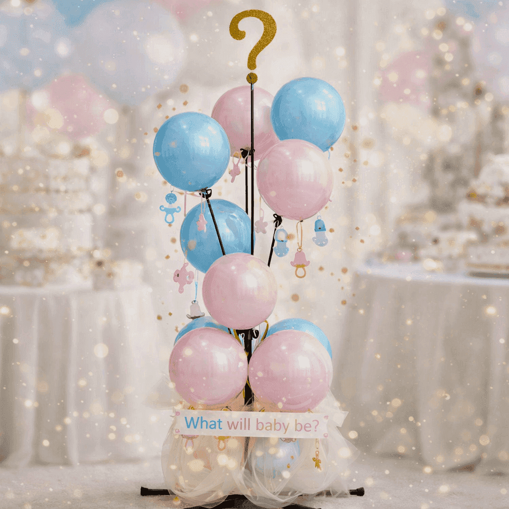 Gender reveal ballontros met gouden vraagteken topper, roze en blauwe ballonnen gemengd met What Will Baby Be bordje