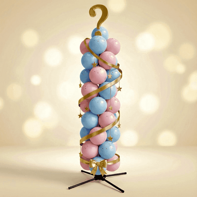 Elegante gender reveal ballonpilaar met gouden spiraal linten, roze en blauwe ballonnen en gouden vraagteken topper