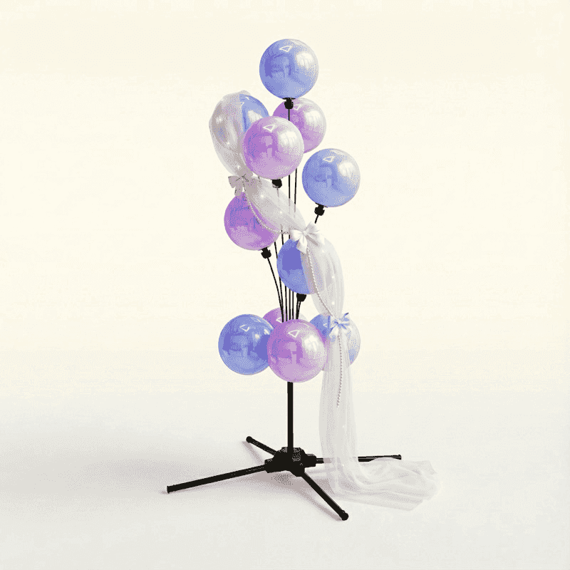 Dromerige gender reveal ballonfontein in zachte pastel tinten met witte tule slierten en transparante accenten