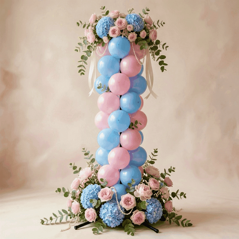 Botanische gender reveal pilaar met roze en blauwe ballonnen omringd door verse roze rozen en groen bladwerk