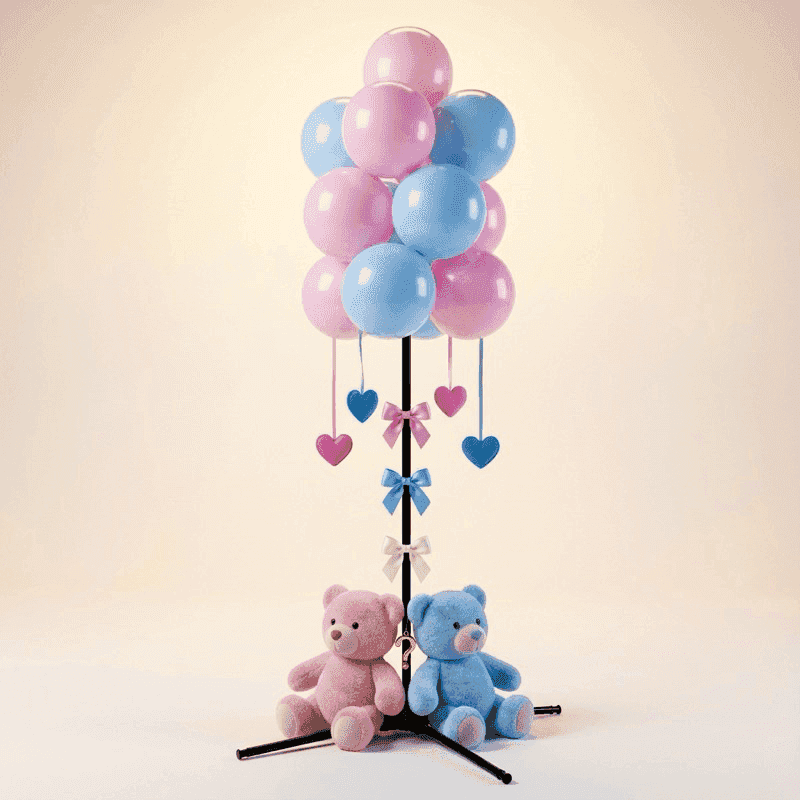 Knuffelige gender reveal ballontros met roze en blauwe teddyberen aan weerszijden en hangende hartjes decoratie