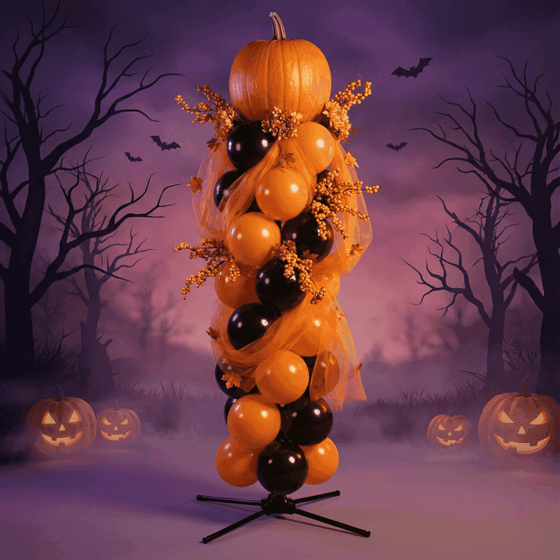 PilaMania ballonpilaar gedecoreerd voor Halloween met decoratieve pompoen topper, oranje tule en herfstbloemen — herbruikbare ballondecoratie in harvest Halloween stijl