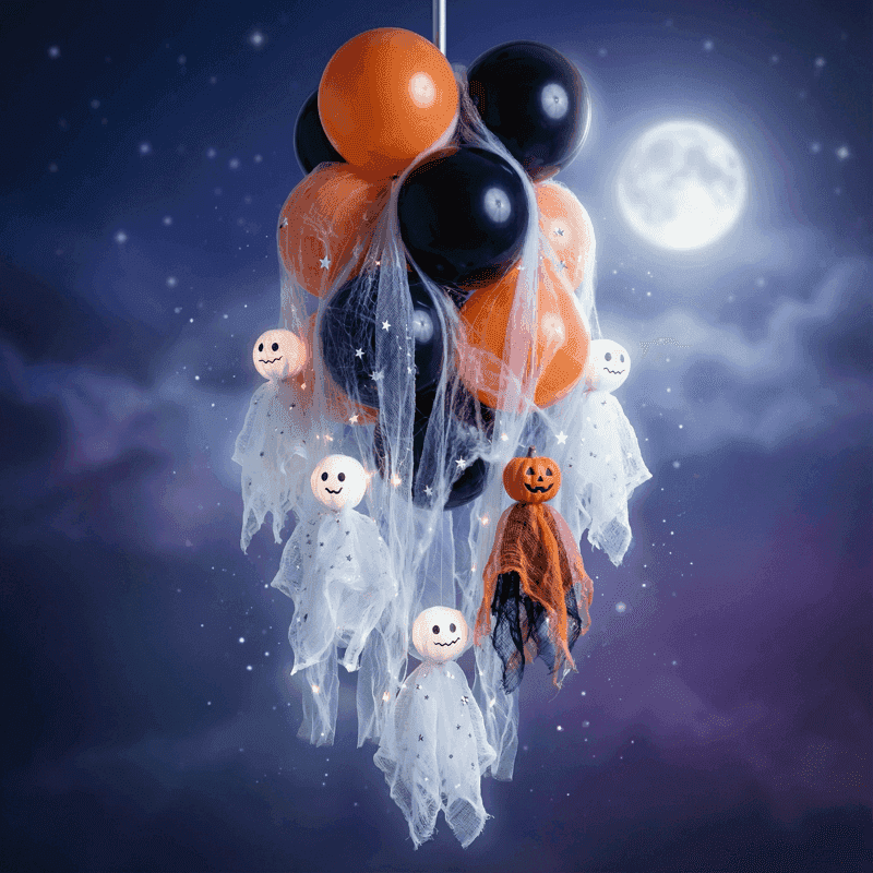 PilaMania hangende ballontros gedecoreerd voor Halloween met cascaderende witte spookjes van gaas die naar beneden zweven — etherische herbruikbare Halloween ballondecoratie ghost drop stijl