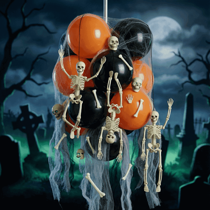 PilaMania hangende ballontros gedecoreerd voor Halloween als skeleton mobile met dansende mini skeletjes, losse botjes en schedeltjes — speels macabere herbruikbare Halloween ballondecoratie