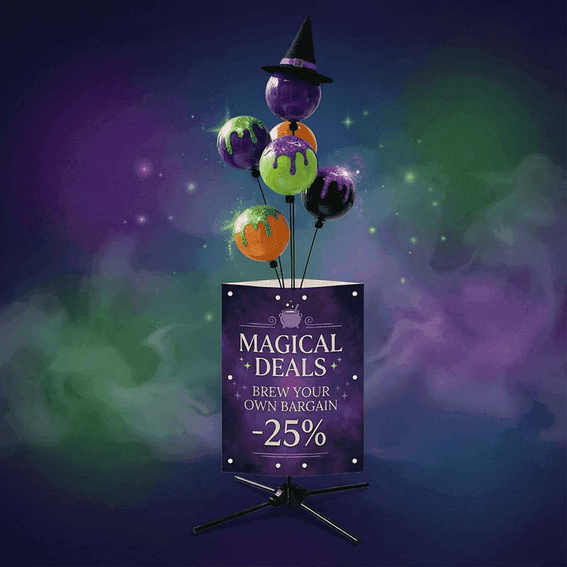 PilaMania sandwichbord met ballonfontein in witch's potion shop stijl — paarse en groene PVC ballen met heksenhoedje topper en magische korting promotie voor Halloween retail display