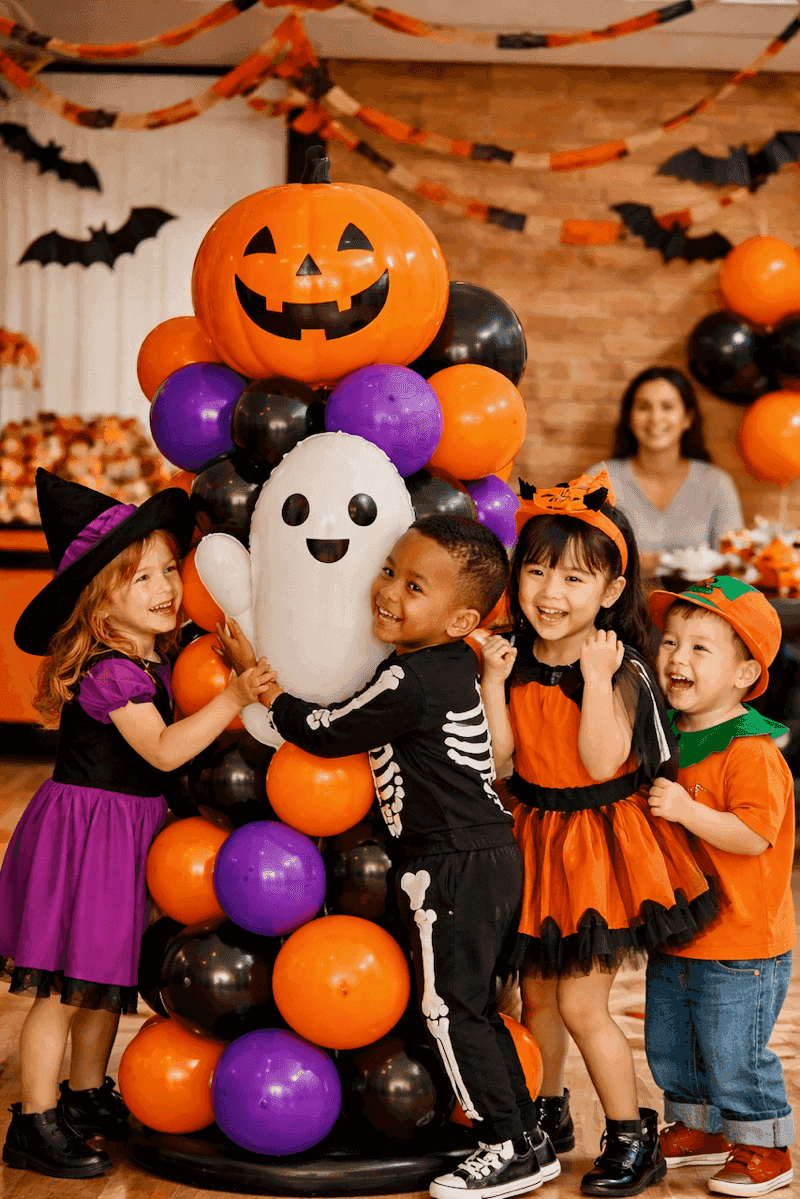 Kinderen spelen veilig bij Halloween ballondecoratie