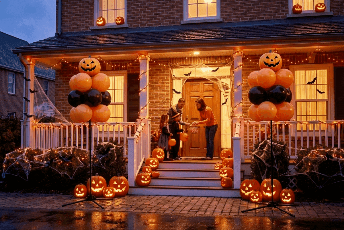 Trick-or-treat scene met ballonpilaren en pompoenen bij versierde voordeur