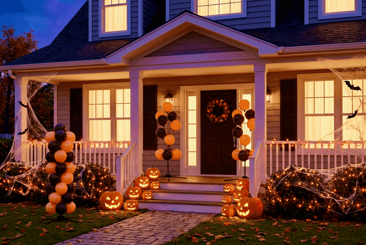 Halloween veranda decoratie met ballonpilaren, spinnenwebben en pompoenen