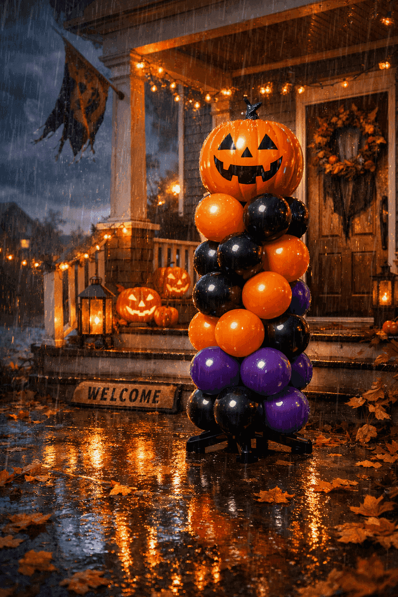 Halloween ballondecoratie in weer en wind buiten bij een voordeur