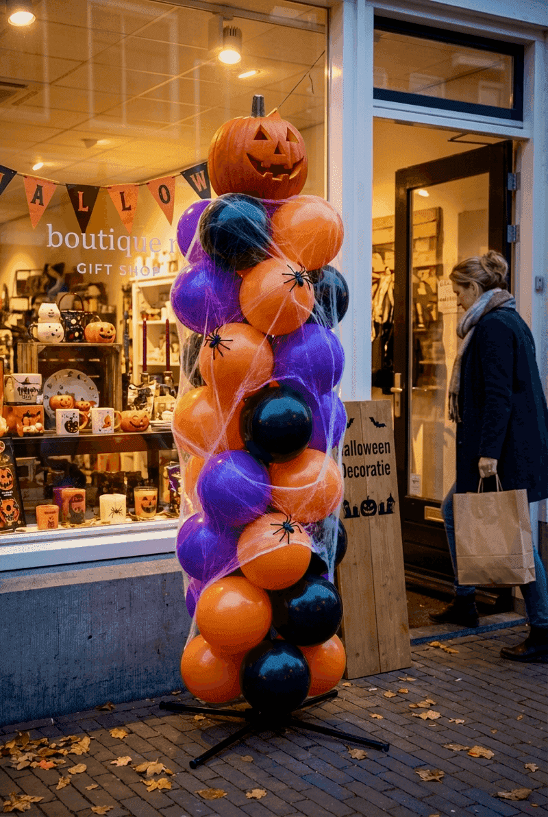 Kleurrijke Halloween ballonpilaar in paars en oranje bij winkel etalage