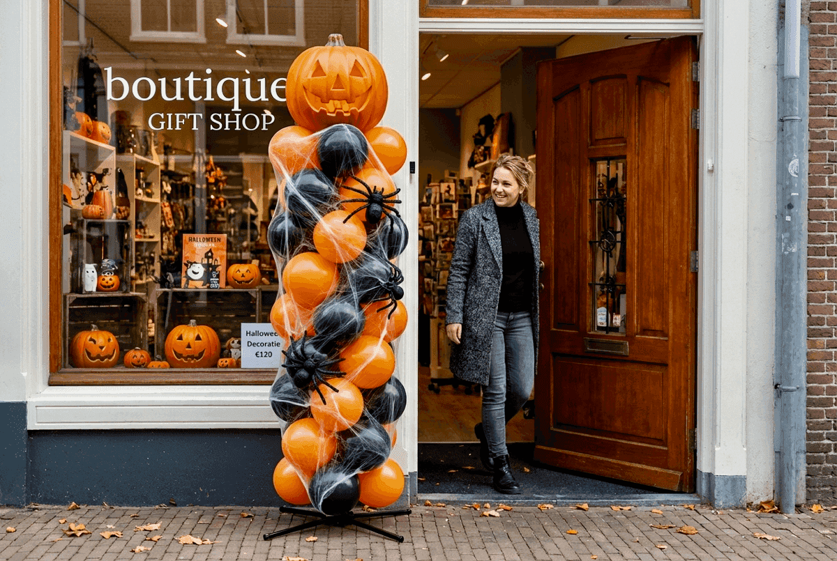 Halloween ballonpilaar met spin bij boutique winkelingang
