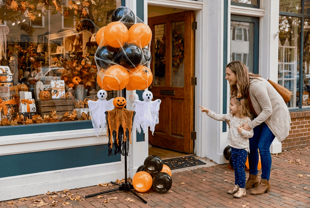Moeder en kind bewonderen Halloween ballontros met spokjes decoratie