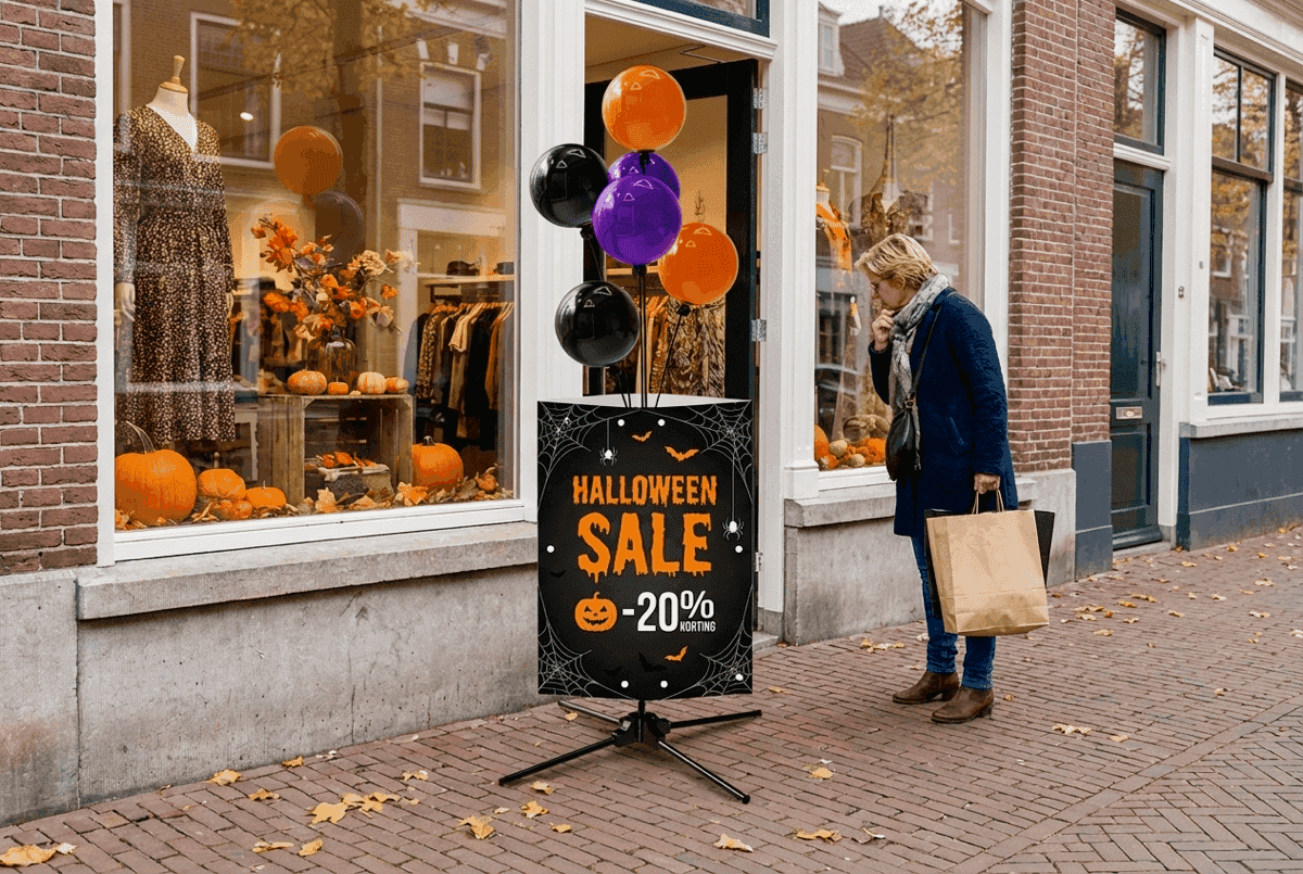 Halloween Sale actie bord met oranje en paarse ballontros bij winkel