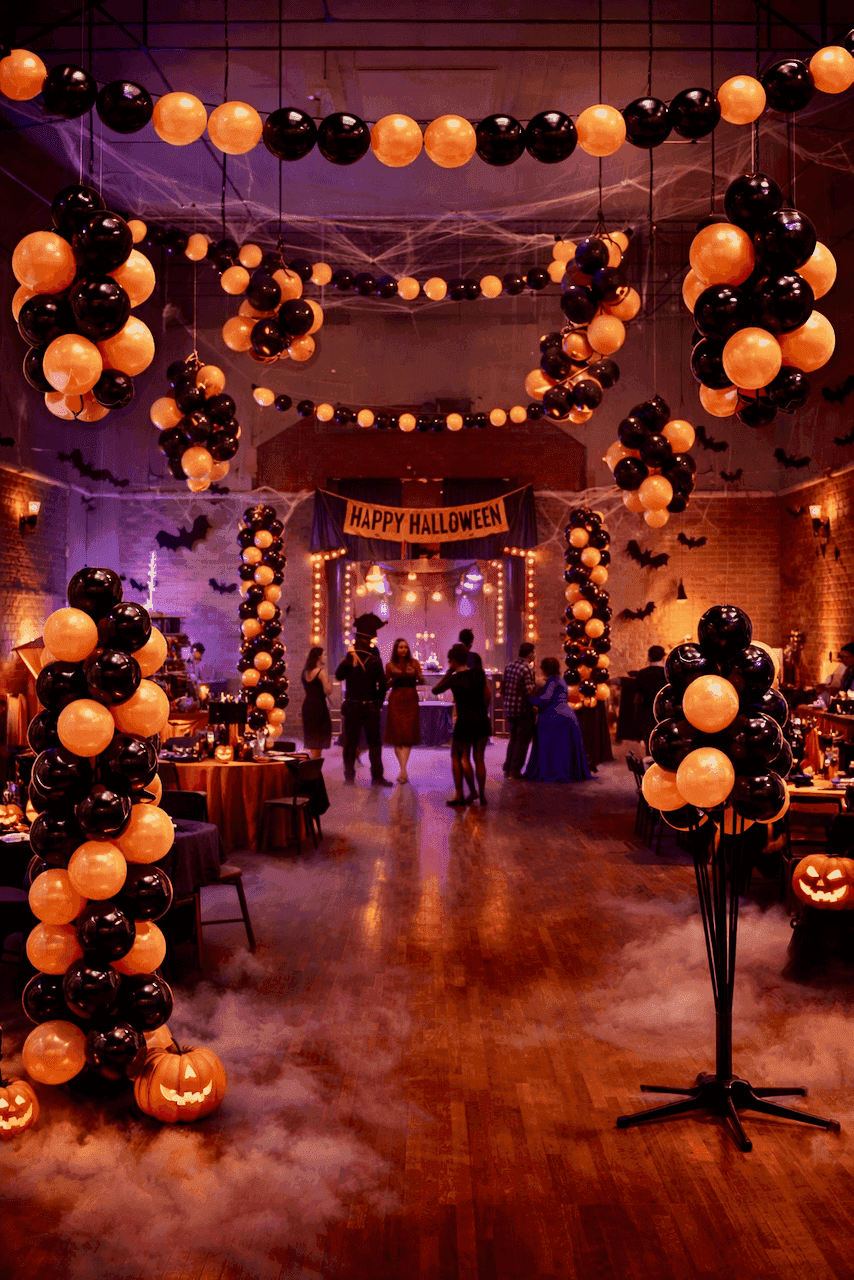 Spooky Halloween feest met mist, ballonguirlandes en fonteinen