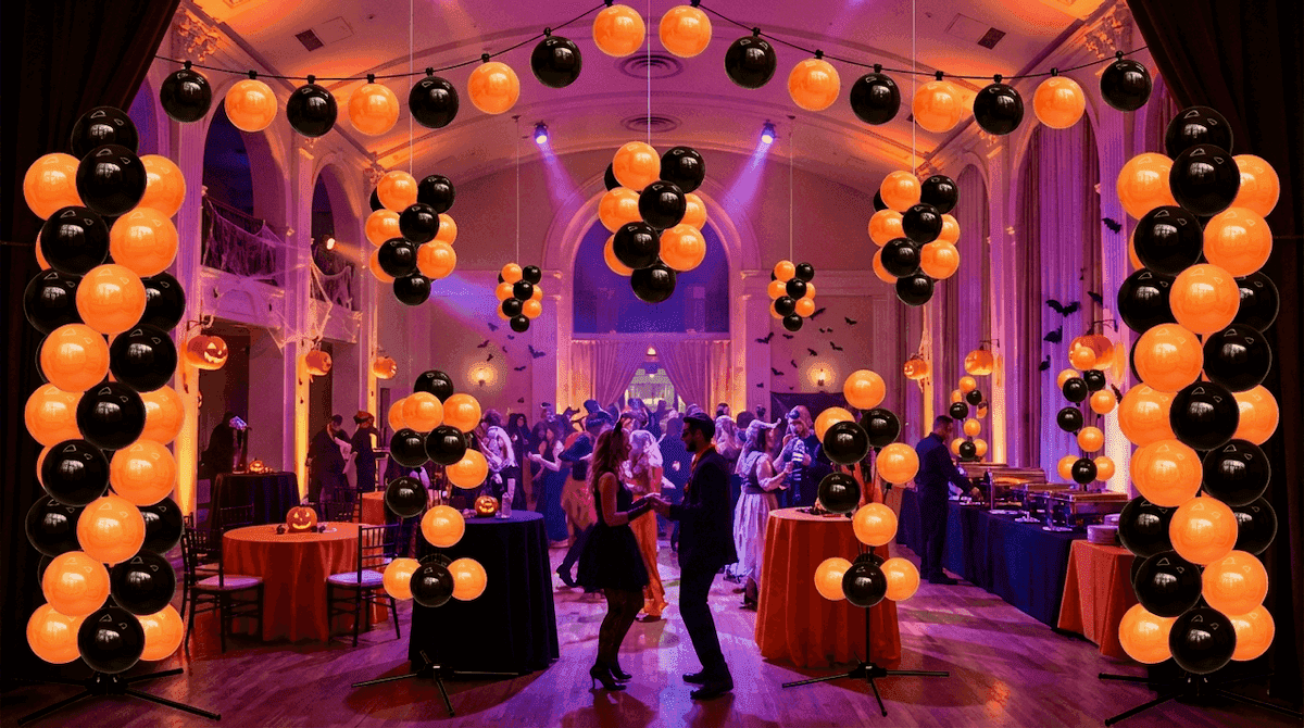 Halloween gala evenement met oranje en zwarte ballonbogen en dansende gasten