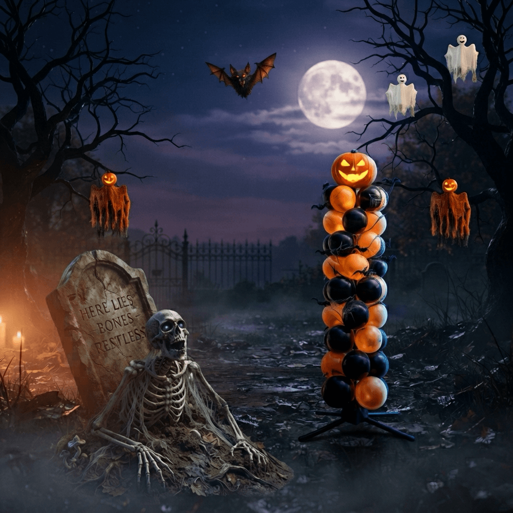 Halloween-decor met ballonnenpilaar, grafsteen, skelet en spoken