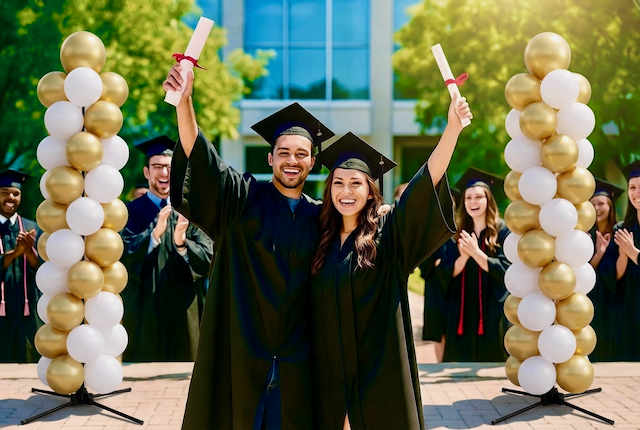 Herbruikbare ballonpilaren bij een diploma-uitreiking op de campus