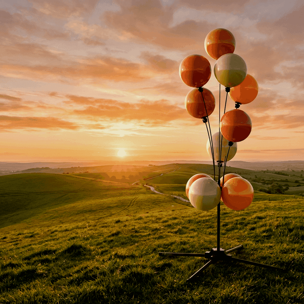 Een kleurrijke PilaMania ballonnenboog die een feestelijke sfeer creëert in een buitenomgeving