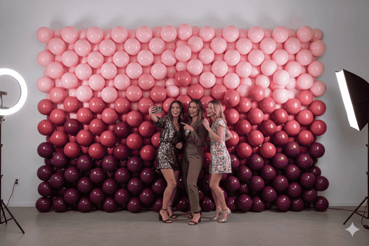 PilaMania balloon wall als photobooth achtergrond met roze-paars ombre effect