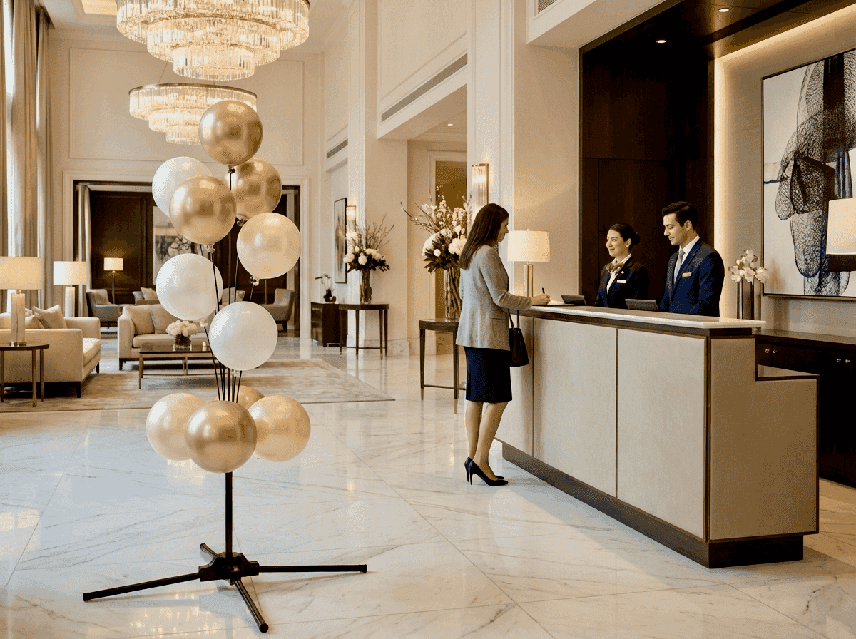 Ballonfontein in luxe hotellobby als welkomstdecoratie