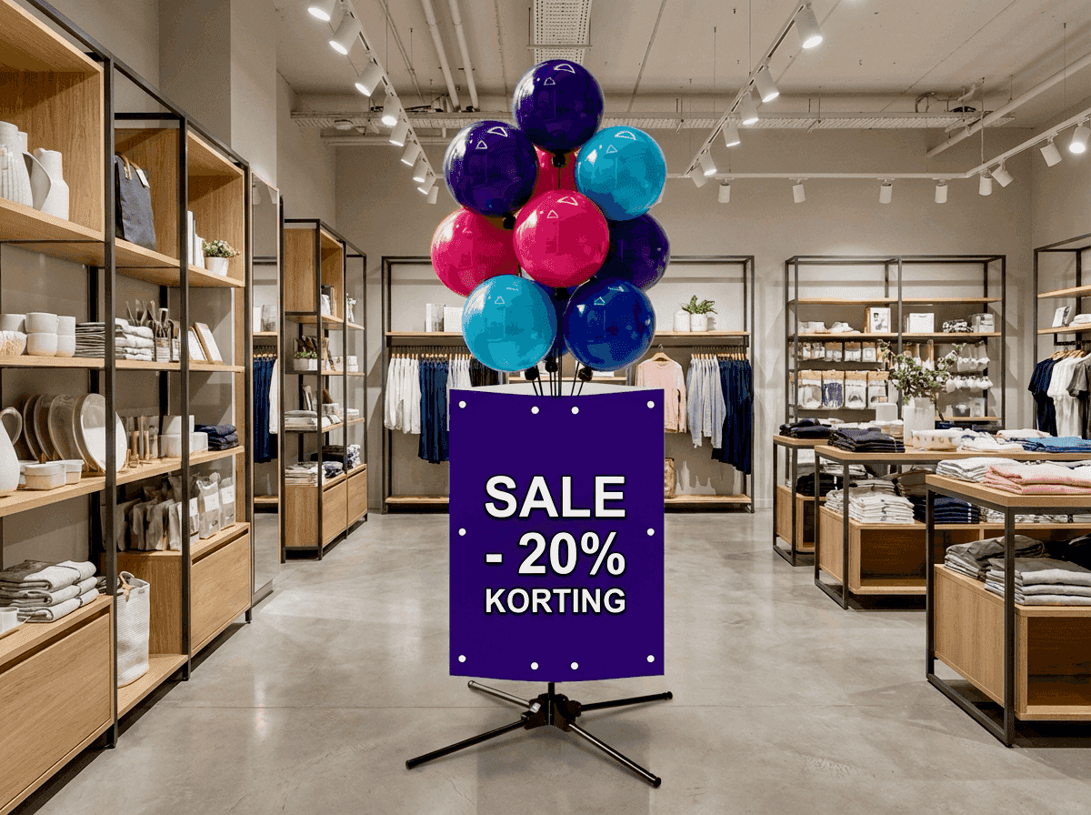 Ballonfontein met signing bord bij productdisplay in winkel