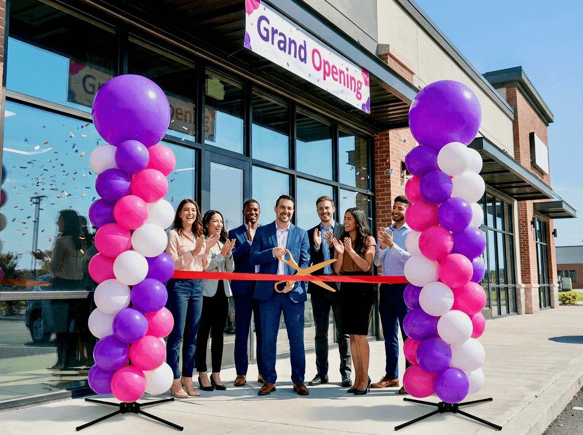 Kleurrijke ballonpilaren bij grand opening van nieuwe winkel