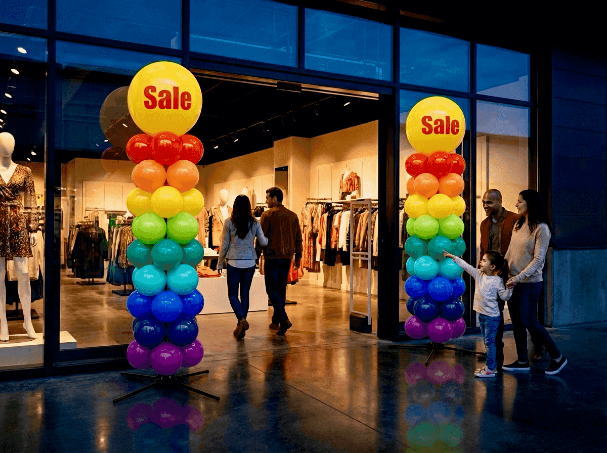 PilaMania ballonpilaren bij winkelingang als eye-catcher voor retail