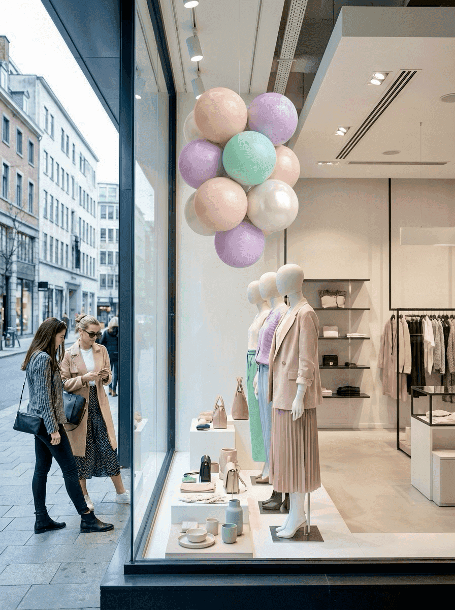 Hangende ballontros in winkeletalage als eyecatcher