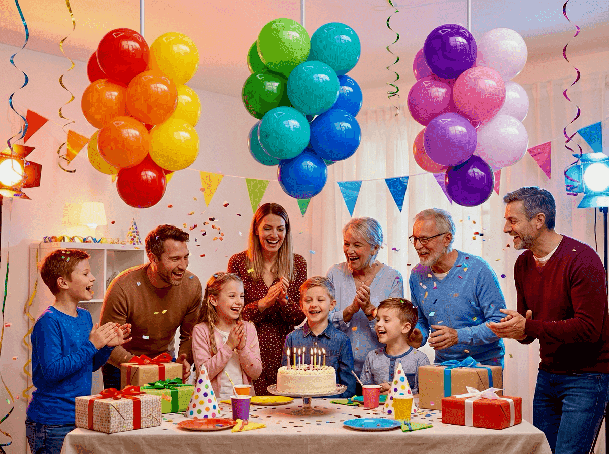 Hangende ballontrossen boven feesttafel voor verjaardagsfeest