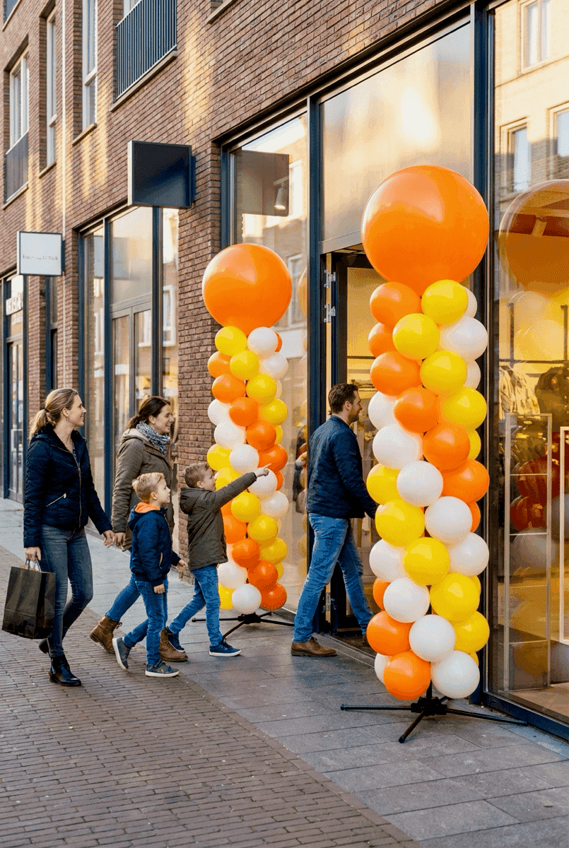 Klanten worden aangetrokken door feestelijke PilaMania ballondecoratie in winkel