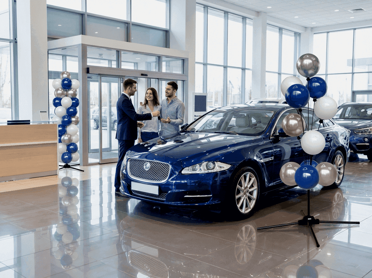 Autodealer showroom met zilveren en donkerblauwe ballondecoratie bij aflevermoment