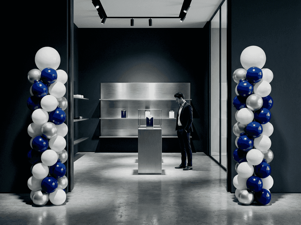 Brand store flagship met donkerblauwe en witte ballonpilaren bij productlancering