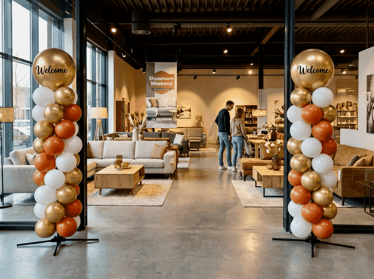 Meubelshowroom entree met gouden en terracotta ballonpilaren