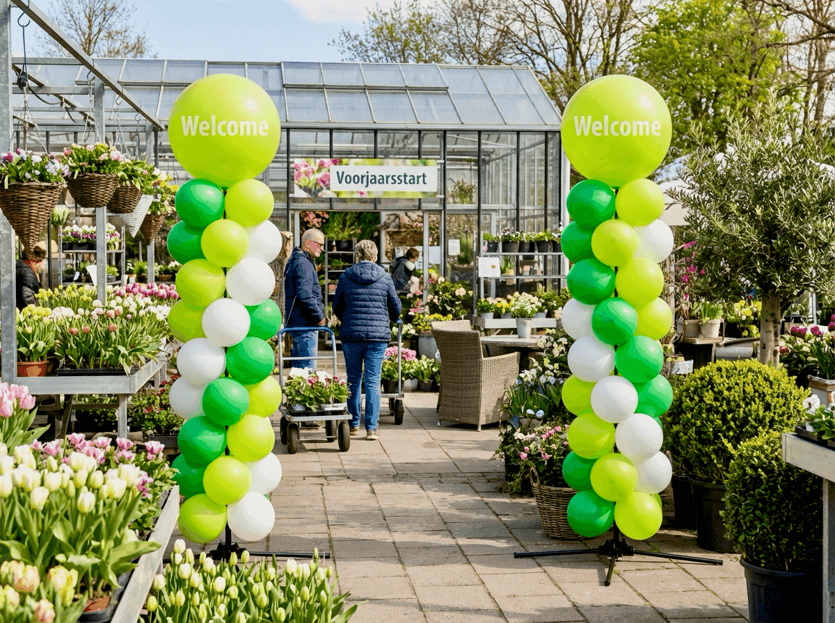 Tuincentrum buitenentree met groene en limoen ballonpilaren bij voorjaarsstart