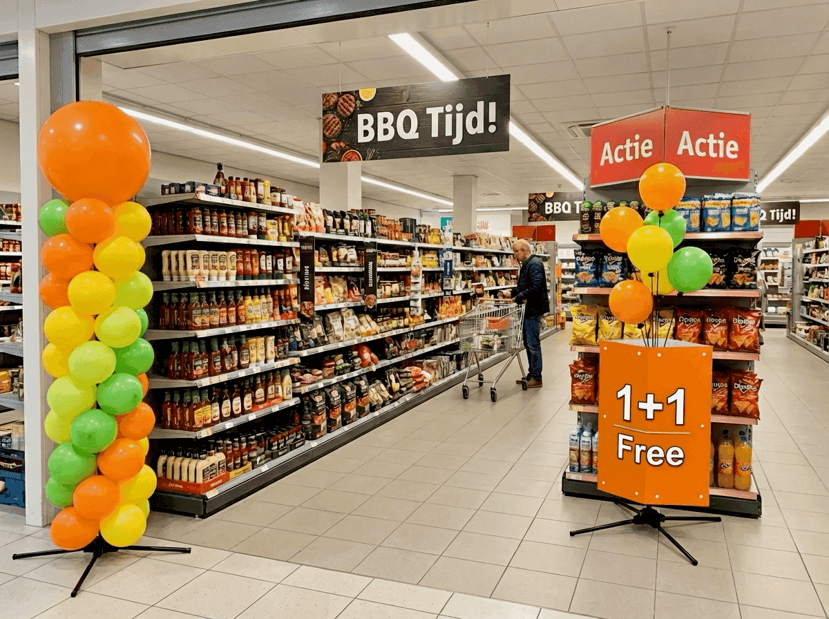 Supermarkt themahoek met oranje, gele en groene ballondecoratie bij seizoensactie