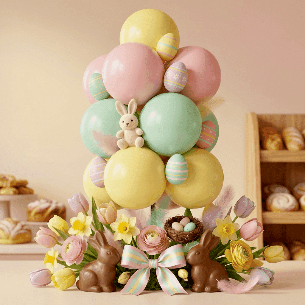 Bakkerij Paasactie met baby roze en citroengele ballontros