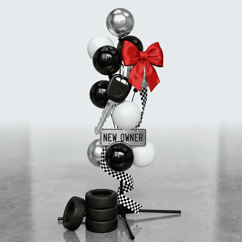 Autodealer afleveringsmoment met zilveren en donkerblauwe ballonfontein