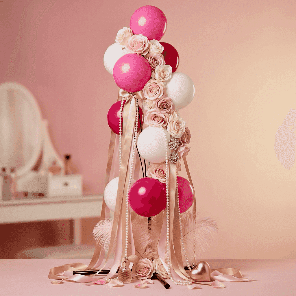 Parfumerie Valentijnsdisplay met roze en magenta ballonfontein