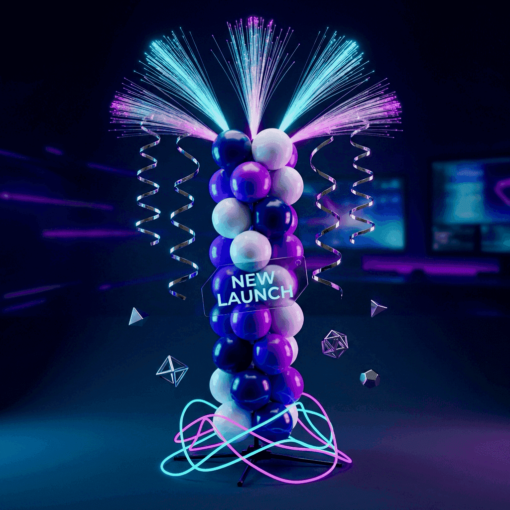 Elektronicawinkel productlancering met lichtblauwe en zilveren ballonpilaar