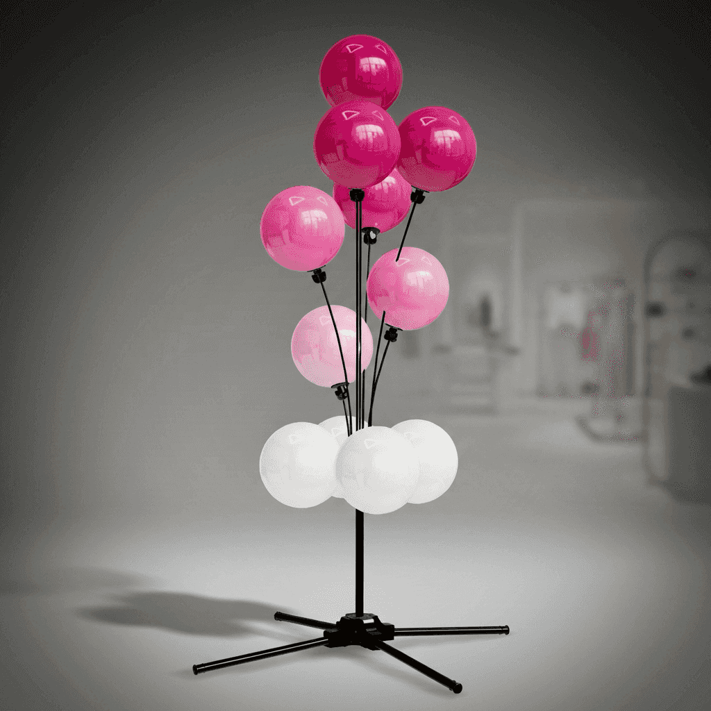 PilaMania Ballonfontein met roze en witte PVC-ballen in feestelijke retailomgeving