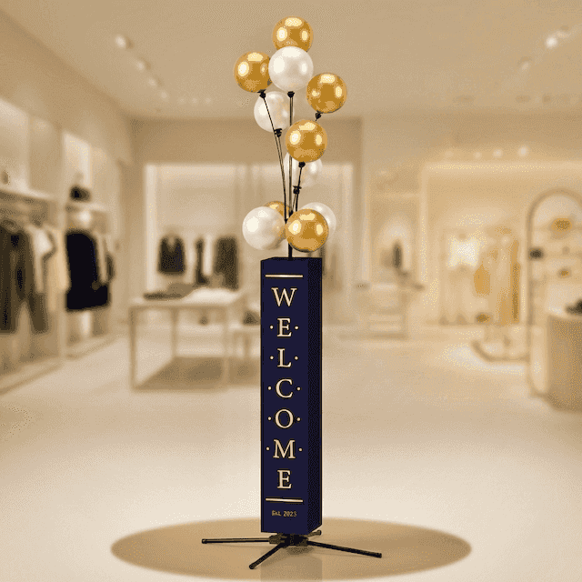 PilaMania Ballon Signagedisplay totem met goud-witte balloncluster in luxe winkelinterieur