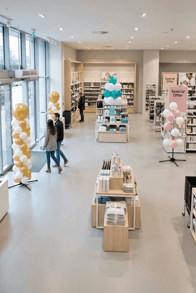 Complete retailsetting met PilaMania ballonpilaar bij entree, ballontros bij display en ballonfontein in actiehoek